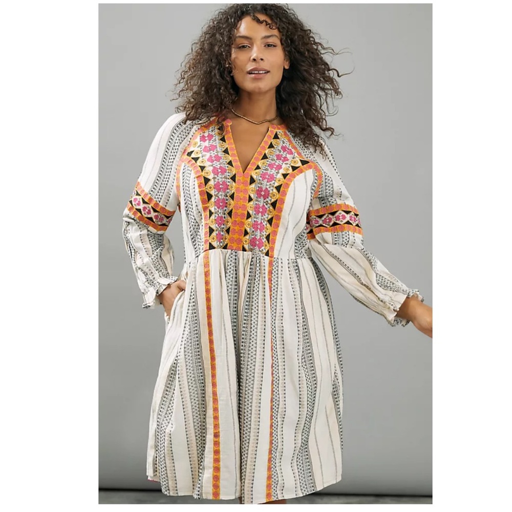 Anthropologie Woman’s Dress Lottie Embroidered Ivory Cotton Size M